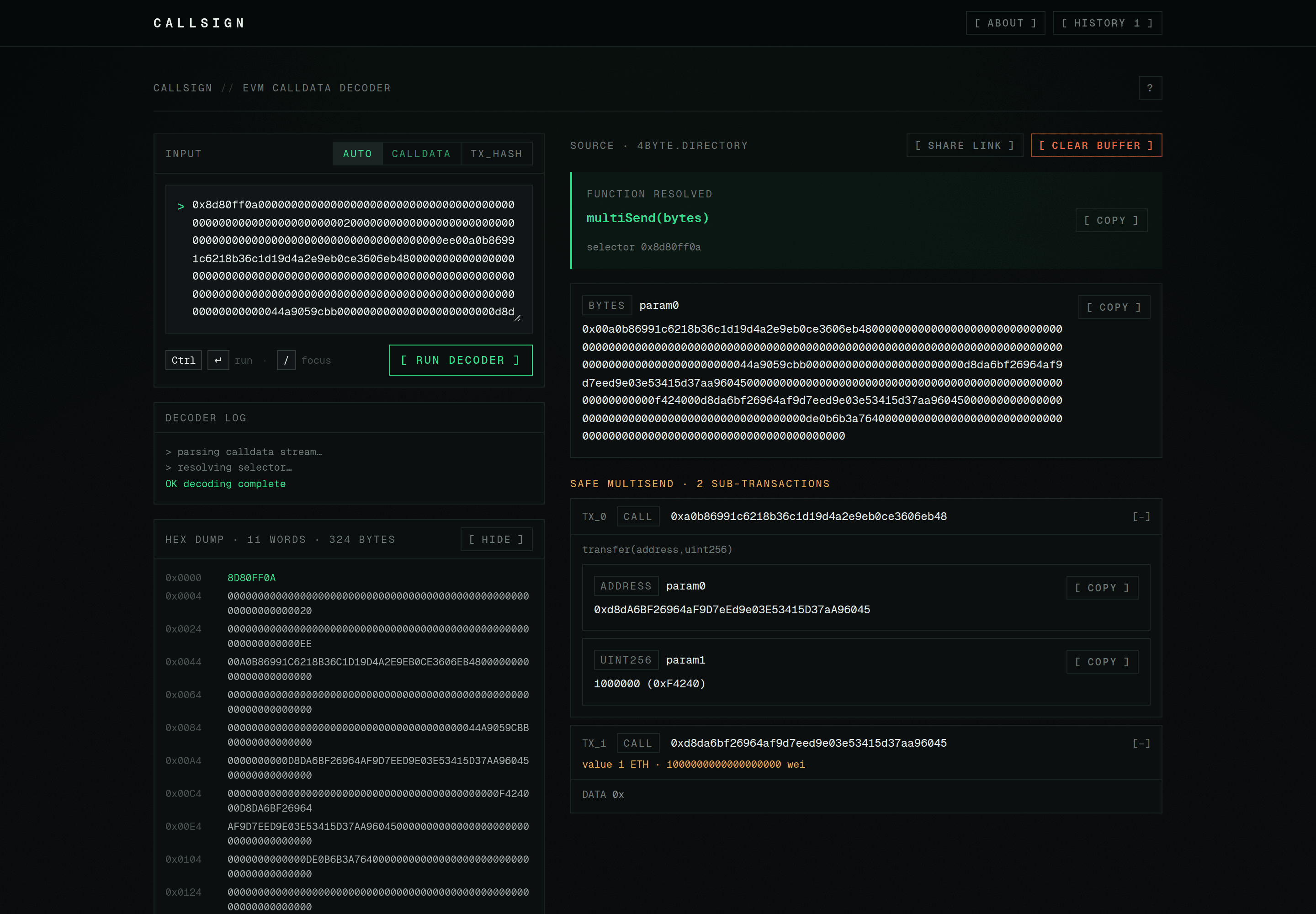 A Safe multiSend batch unpacked — two sub-transactions, each decoded on its own