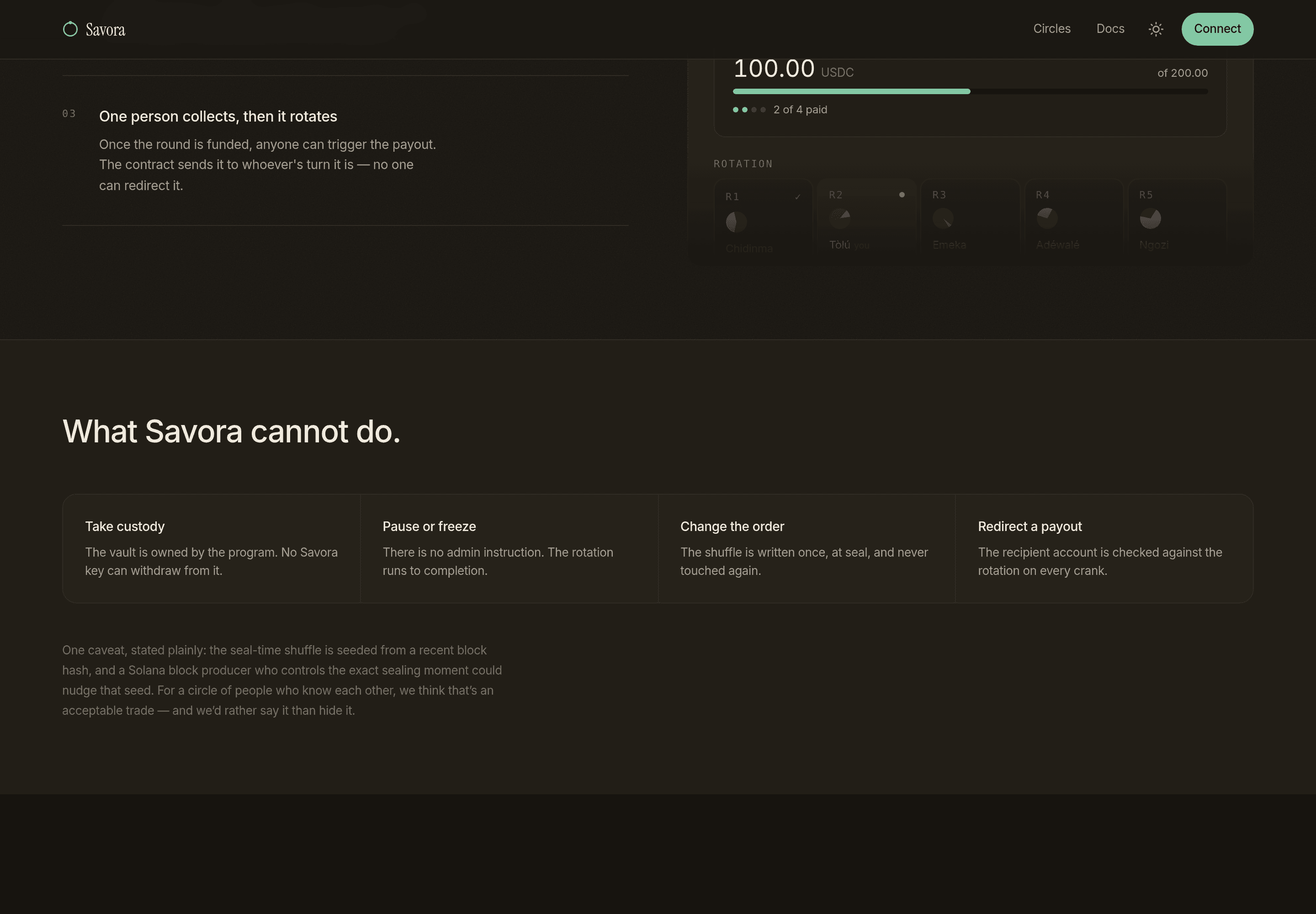 The product mock and "What Savora cannot do" — including the shuffle-grinding caveat